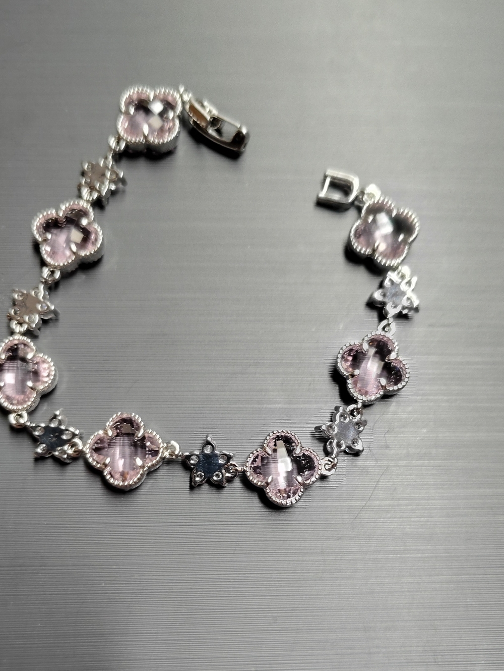 Fashion Jewelry Silver-Tone Pink Clover Link Bracelet